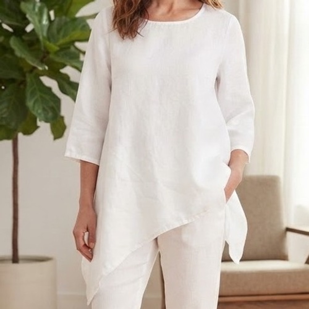 For Cynthia White 100% Linen Asymmetrical Sharkbite Hem Tunic Top Large